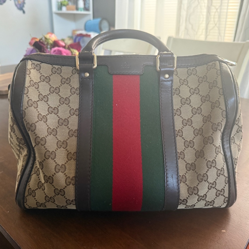Gucci Beige and Brown Monogram Duffel Bag with Red and Green Stripe